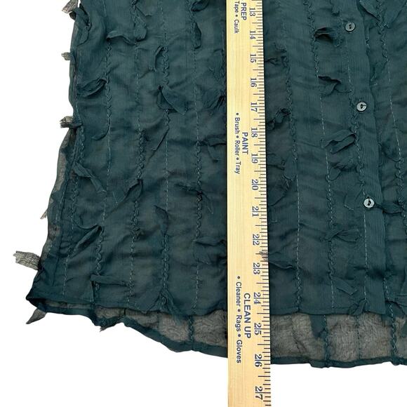 Zara Fringe Button Down Blouse Small Sheer Chiffon Dark Green Long Sleeve Goth - Picture 9 of 9